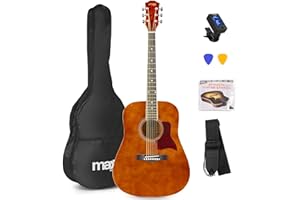 Max SoloJam Guitare Acoustique Folk Adulte Débutant - Bois Naturel Foncé, Cordes en Acier, Accordeur Digital, Sac de Transport, Médiators, un Jeu de Cordes et une Sangle, Pack Idéal pour Débutants