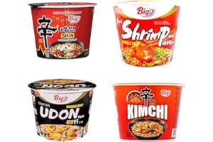 YIJIA | Pack de 4 Ramen Coreano Cup Noodles Soup | Sabor de Shrimp Picante，Kimchi，Shin Ramyun，Udon Tempura | Nong shim