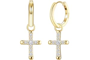 KRFY 925 Sterling Silver Cross Earrings for Women Men Dainty CZ Huggie Hoop Earrings Iced Out Cross Dangle Earrings Lightweight Huggie Cuff Earrings 18K Gold/Silver