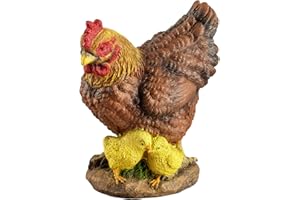 VERDOBA Figura para jardín tamaño Real (gallina marrón con Dos Pollos Amarillos). Decoración para Exterior. Escultura de Piedra con Forma de Animal.