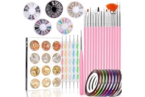 BKRDTY Kit de Diseño de Arte de Uña 47 piezas Decoración Uñas Nail Art 15 Pincel Uñas 5 Lápiz de Punto 10 Cintas Adhesivas Uñas 5 Diamantes de Imitación 12 Pegatina Lámina Paillette para Diseño de Uñas