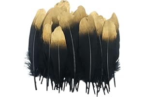 Suneast 50 Stücke Federn Dekoration Natürliche Gänsefedern Weiche Crafts Feather Indianer Federn für Traumfänger Basteln, Kostüme Hüte Schmuck Deko, DIY Ohrring - Schwarz + Gold, 15-20cm