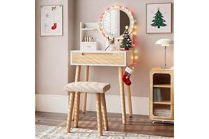 YOURLITE Small Dressing Table with 3 Adjustable Lighted Mirror, Vanity Table with Storage Shelf Cushioned Stool, Makeup Desk with Drawer for Bedroom, Compact Makeup Vanity for Small Space