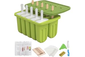 SUPLID Ice Lolly Mould 10 Pieces Silicone Popsicle Mold BPA Free Homemade Reusable Ice Cream Moulds with 50 Wooden Sticks,50 Bags,10 Reusable Sticks, Funnel,Brush and Recipe