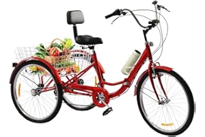 WEIGR 24 Zoll Dreirad für Erwachsene, 7 Gang Dreirad Fahrrad mit Einkaufskorb und Rückenlehne Outdoor-Dreirad für Erwachsene, 3-Rad Erwachsene Dreirad, Senioren Dreirad Faltbares