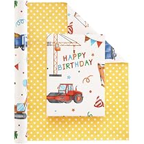 Papier Cadeau D'anniversaire Pour Enfants - Motif Tracteurs Et Camions Jaunes à Pois - Rouleau De 43 Cm X 10 M