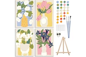 GHHKUD Flores Pintar por Numeros Adultos, Pack 4 Kit de Pintura por Números, con Pinceles, Pigmento Acrílico, Pintura de Dibujo DIY, Paint by Numbers Kit 20X30CM