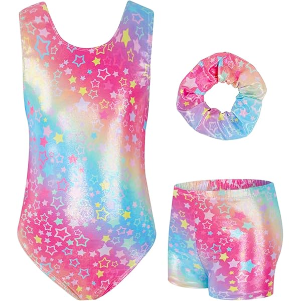 XiaoMoSha Driedelige turnpakjes voor meisjes, mouwloze turnpakjes met shorts en haarband, sprankelende kleurverloop balletdanseenheden, gymnastiekoutfits voor kinderen van 3-12 jaar, Paarse diamant, 3