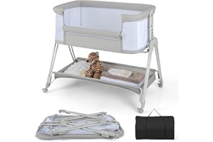 COSTWAY Baby Bedside Crib, Easy Folding Cot Bed with Mattress, All-Side Mesh, Storage Shelf and Travel Bag, Height Adjustable Newborn Sleeper for Birth to 9kg (Light Grey)