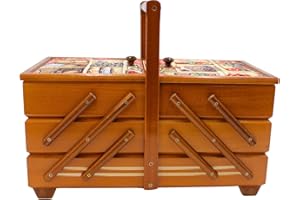 DEKOHELDEN24 Costurero en madera contrachapada con 7 compartimentos y funda de tela, diseño de agujas en caoba, 42 x 20 x 21 cm