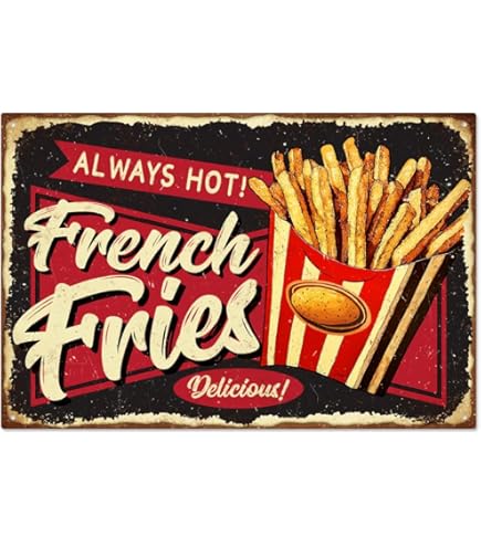 WADORN Plaque Métallique Vintage Frites, 28x34cm Plaque Métallique Humoristique Pour Restauration Rapide Délicieuses Frites Décoration Murale Pour Restaurant Café Magasin D'Alimentation Snack Bar
