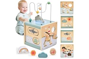 Atoylink 5 in 1 Cube d'activité Bébé, Cube d'activité en Bois Trieur de Formes Circuit de Motricité Jouet Montessori Jeux Motricité Fine Jeux Educatif pour Bébé Enfant 1 2 3 Ans