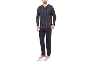 Moonline - Herren Schlafanzug lang aus 100% Baumwolle mit V-Ausschnitt und Streifen-Design