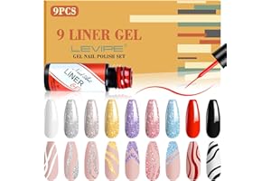 LEVIPE Painted Vernis Semi Permanent Liner, Line Art Gel 9 Couleurs Noir Blanc Rouge, Champagne Bleu Argent Or Violet Paillettes Nail Art Gel Peinture Manucure Outils