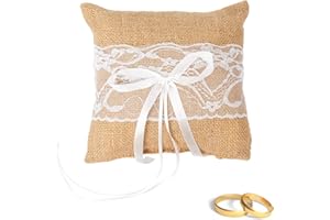 MANQYI Jute Hochzeit Ringkissen, Vintage Jute HochzeitRingkissen, Sackleinen Ehering Kissen, Eheringe Brautkissen, Ringkissen, Ringkissen Jute Flower, Spitze Blumen Vintage Kissen für Hochzeitsaccessoires