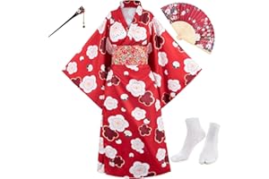 Elibelle Japanese Anime Women's Long Kimono Robe Fancy Dress Hand Held Silk Folding Fans Tabi Socks Hairstick set Sakura Red