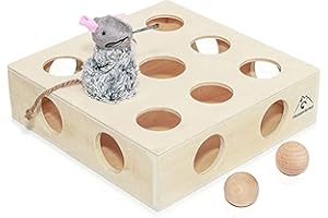 Pfotenolymp® Jouet interactif pour chat avec balles de jeu et souris - Jouet en bois pour chat - Jeu de taupe / jeu de chasse