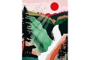 KEEMOSO Peinture par Numéro Adulte/Enfant, DIY Paint by Numbers Kit sans Cadre 40 x 50 cm, pour Décoration Intérieure-Coucher de soleil rouge dans la vallée