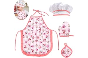 YiYFiT Kids Baking Set,Childrens Cake Chef Hat Apron Set Kitchen Role Play Chef Set Cooking Baking Set with Toddler Apron,Chef Hat,Cooking Mitt and Heat Resistant Pad for Girls Dress Up Ages 3+