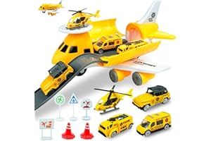 Ynybusi Plane Toy Transport Cargo Airplane Toys for 2 3 4 5 6 Year Old Boys Girls,Kids Aircraft Playsets with 1 Helicopter & 3 Construction Cars & 6 Road Signs