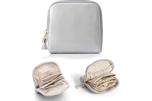 Vlando Joyero de viaje, bolsa para joyas con flecos, 6 capas, caja de viaje para mujer y niña, monedero, estuche de viaje de piel sintética, pendientes, collares, almacenamiento de relojes, gris perla