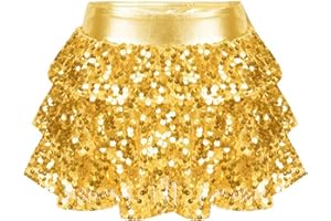 Agoky Girls Latin Belly Dance Skirt Glitter Sequins Tiered Ruffle Tutu Skirt Culottes for Jazz Dance Stage Show