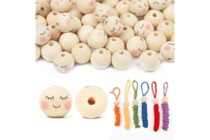 ROYUEXT 80 Stück Holzperlen mit Gesicht Sorgenwürmchen, Holzköpfe mit Gesicht 20mm mit Loch, Natürliche Rund Perlen schüchternes gesicht