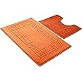 Ambience Products Greek Key Pattern Bath Mats 2 Piece Sets Non Slip Bathroom Mat, Soft Washable Rug Quick Dry Water Absorbent Bathroom Shower Mat & Pedestal Set (Trecotta)