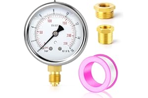 ERGAOBOY 0-16 Bar (0-230 PSI) Manómetro de acero inoxidable con llenado de líquido 1/4" BSP 2.5" FACE DIAL WOG Agua Aceite Aire Subbase