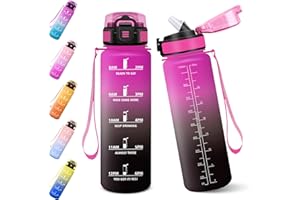 Baramumu Gourde, 1000ML Gourde Paille Adulte, Sans BPA, Bouteille d'eau de Motivation avec Marqueur de Temps, Bouteille Sport pour Salle de Sport, Aire Libre, Yoga - Pourpre rougeâtre&Noir