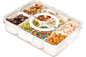 LONGZHUO Podzielona taca do serwowania z pokrywką i uchwytem, przenośny pojemnik do przechowywania żywności, taca na przekąski, 8 wyjmowanych przegródek, przezroczysty organizer na warzywa, cukierki, owoce,
