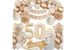 SIMSPEAR 50th Birthday Decorations for Women, 50th Birthday Balloons Beige Gold with Happy Birthday Banner, Tablecloth, Birthday Sash, Paper Pom Poms, Number 50 Balloon for 50th Birthday Party Decorations