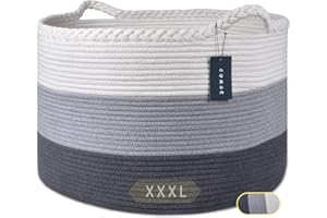 COMSE Extra Large Blanket Basket, Woven Laundry Basket, 55 x 35 CM, Nursery Hamper, Cotton Rope Laundry Hamper Living Room for Storage Toys Clothes Towels, White/Gray