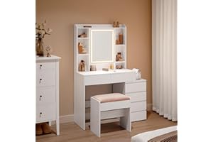 VASAGLE Kailyn Kollektion - Schminktisch mit LED-Beleuchtung, 3 einstellbare Lichtfarben, Frisiertisch mit Spiegel, Schubladen, offene Fächer, mit Hocker, verstellbare Ablagen, wolkenweiß RDT125W01