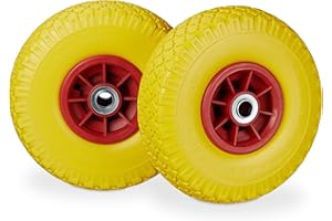 Relaxdays 2X Ruedas de Carretilla, Neumáticos de Goma, 3.00-4, Eje de 20mm, hasta 80 kg, 260x85 mm, Amarillo-Rojo