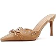 BIUBAKUA Kitten Heels for Women Pointed Toe Heels Studded Silp On Bow Heels Mules Faux Suede Sandals Kitten Heel Pumps