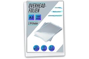 MK MARC KINDERMANN 50 OHP-Folien A3 für S/W Laserdrucker und -Kopierer - transparent glasklar - PREMIUM Overheadfolien für beste Druck- und Projektions-Qualität