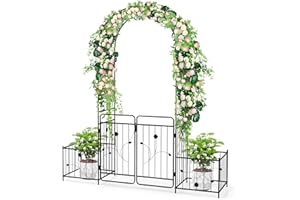 GOPLUS - Arco de jardín para puerta de metal con 2 jardineras laterales, celosía de arco con puerta cerrada, para plantas trepadoras, rosas, vinos, boda, decoración de ceremonia, 202 x 50 x 220 cm