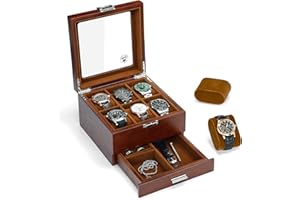 Slege Porta Orologi in Legno a 6 Posti,Scatola Portaorologi a 2 Livelli,Fatto Mano Elegante Scatola per Orologi,Coperchio in Vetro,Fodera Morbida,Cuscini Rimovibili,Watch Box per Uomo Regalo,Marrone