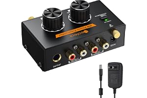Neoteck MM Phono Preamp Gain & Volume Control, Low-Noise, Metallhus | Gain +0-49 dB, förgylld RCA och 6,35 mm utgångar, 3,5 mm adapter, brusreducering, för skivspelare utan phono-ingång