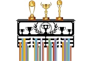 CREATCABIN Soporte para Trofeos Y Medallas, Expositor de Premios con 12 gancho, Colgador de Medallas Deportivas de Metal Negro con Estante, Decoración de Montaje En Pared para Colgar 60 o Más Medallas