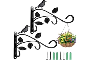 MARINE 2 Pack Heavy Duty Plant Hanger Brackets - 12 Inch Rustproof Iron Wall Hooks for Hanging Baskets, Bird Feeders & Lanterns - Outdoor Indoor Use on Fence, Porch, Balcony (Black)