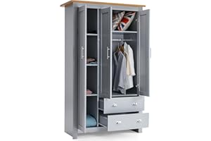 GENERIC 3 Door 2 Drawer Wardrobe For Bedroom MDF With Shelf Hanging Rail Cloth Storage Wooden Wardrobe With Drawer Large Cupboard Bedroom Furniture, Grey & Oak