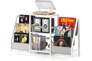 COSTWAY Meuble Disque Vinyle avec Rangement, Support Platine Vinyle avec 3 Étagères, 6 Poches, Cadre en Métal pour Studio, Café, Marron Rustique (Blanc)