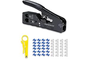 QINIYEK Kit di Pinza Crimpatrice RJ45, Crimpatrice Ethernet passa-through per connettori modulari Cat5e, Cat6, Cat6a, 8P8C, con mini spellafili, 50 connettori e coperture CAT6