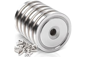 FPMYB 6 Piezas Imanes Neodimio 45 kg de Fuerza 36x7mm Imanes con Orificio y Cápsula, Tornillos y Cojines de Acero,Imán Potente para Cocina Oficina Nevera Industria Ciencia