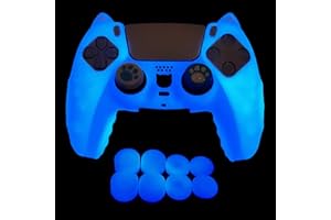 HLRAO -Blu Glow in the dark Cover protettiva antiscivolo compatibile con controller PS5/Slim/Pro, Include 8 pezzi di impugnature per il pollice Glow e 2 tappi per impugnature a zampa di gatto.