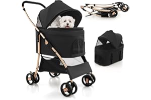 COSTWAY 3 in 1 Pet Stroller, Folding Dog Strollers with Detachable Car Seat Carrier, Adjustable Canopy, Storage Basket, 4 Wheels Travel Pushchair for Small Medium Dogs Cats (Black+Gold)