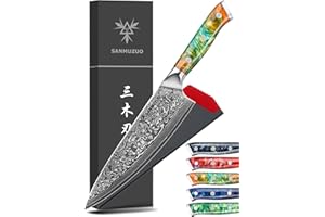 SANMUZUO Couteau de Chef en Damas - Lame de 20cm - Japonais en Acier de Damas 67 Couches Couteau de Cuisine - Manche en Résine (Orange Fantastique) - Xuan Série