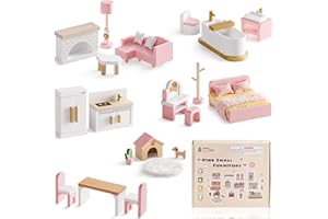 ROBUD Holz Puppenhaus Möbel Set 28-TLG, Puppenmöbel Zubehör für Puppenhaus, Schlafzimmer Küche Wohnzimmer Bad Esszimmer, pinkes Geschenk für Kinder